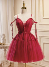 Burgundy Tulle Lace Straps Homecoming Dress