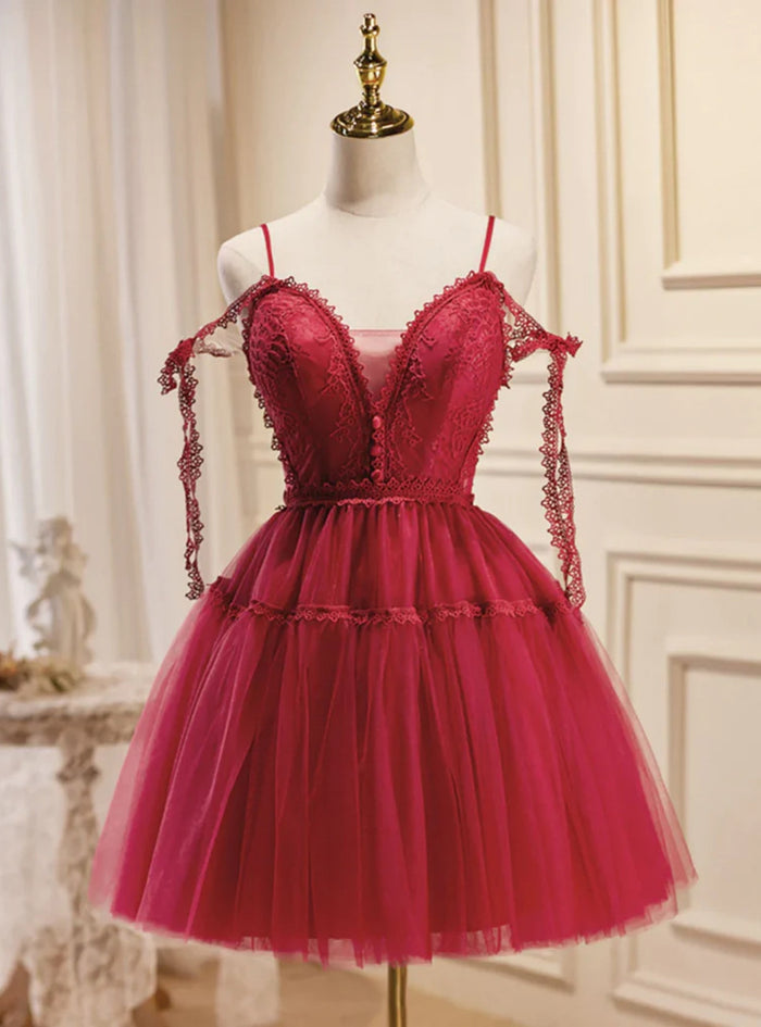 Burgundy Tulle Lace Straps Homecoming Dress