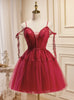 Burgundy Tulle Lace Straps Homecoming Dress