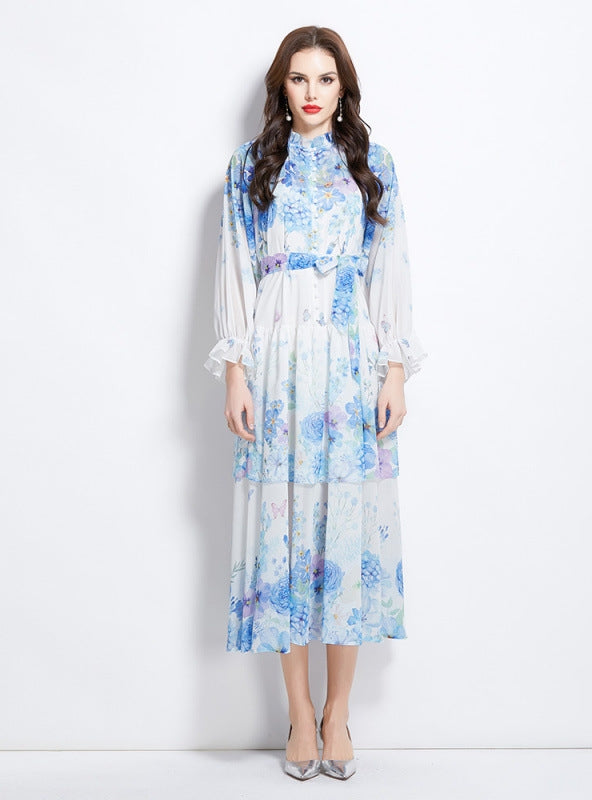 Printed Chiffon Long Sleeve Dress