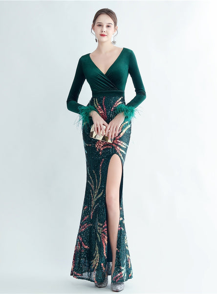 Velvet Sequins Long Sleeve V-neck Prom Dress