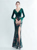 Velvet Sequins Long Sleeve V-neck Prom Dress