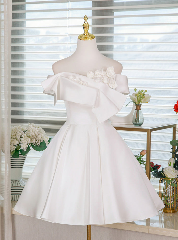White Satin 3D Flower Wedding Dress