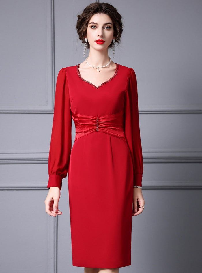 Red Long Sleeve Beading Mother Of The Bride Dress
