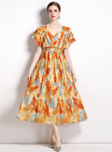 Flying Sleeve V-neck Pleated Holiday Dress