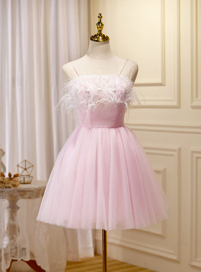 Pink Tulle Spaghetti Straps Pleats Homecoming Dress