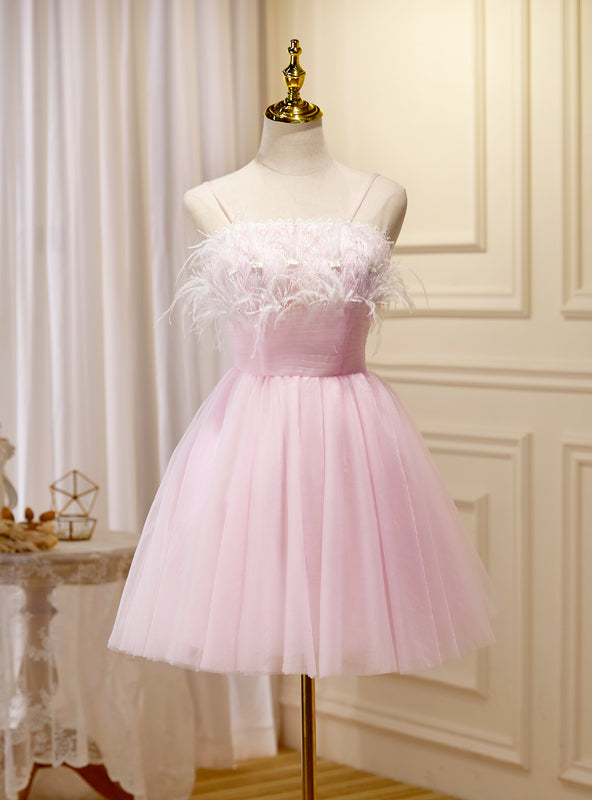 Pink Tulle Spaghetti Straps Pleats Homecoming Dress