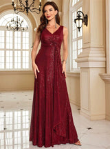 Burgundy Sequins V-neck Prom Dress