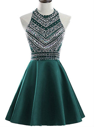 Green Satin Beading Crystal Homecoming Dress