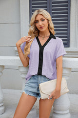 V-neck Contrast Short Sleeve Loose T-shirt