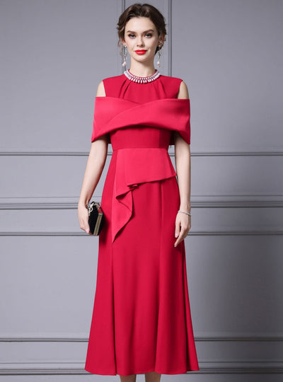 Burgundy Pleats Beading Pearls Mother Of The Bride Dress