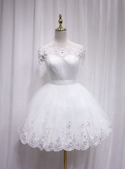 White Tulle Lace Beading Homecoming Dress