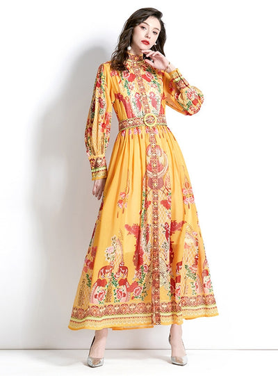 Palace Lantern Sleeve Long Printed Dress