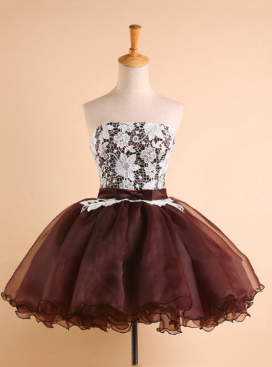 Brown Strapless Lace Homecoming Dress
