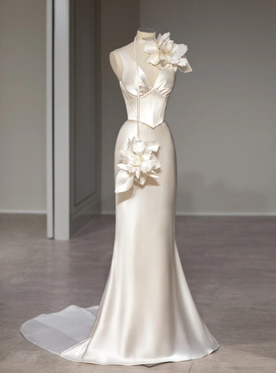 Ivory Satin Mermaid Flower Wedding Dress
