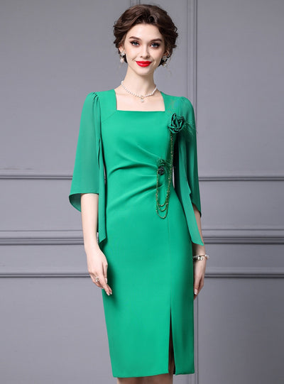 Green Short Sleeve Flower Mother Of The Bride Dress