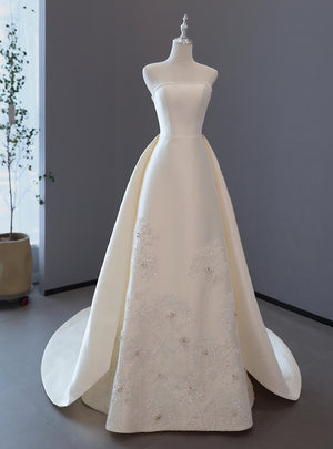 Ivory Satin Strapless Sequins Wedding Dress