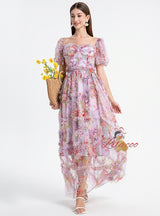 Heavy-duty Mesh Print Stitching Medium-long Dress