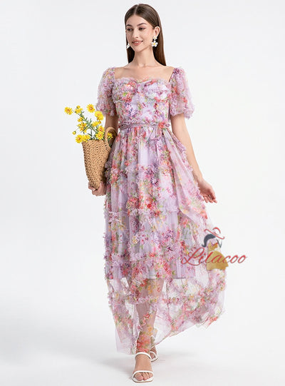 Heavy-duty Mesh Print Stitching Medium-long Dress