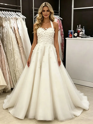 White Tulle Halter Appliques Wedding Dress