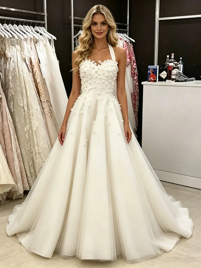 White Tulle Halter Appliques Wedding Dress