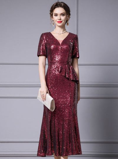 Burgundy Sequins Short Sleeve Mother Of The Bride Dress