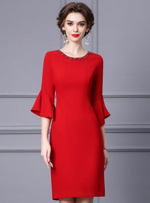 Red Long Short Sleeve Mother Of The Bride Dress