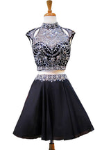 Black High Neck Beaded Crystals Chiffon Homecoming Dress