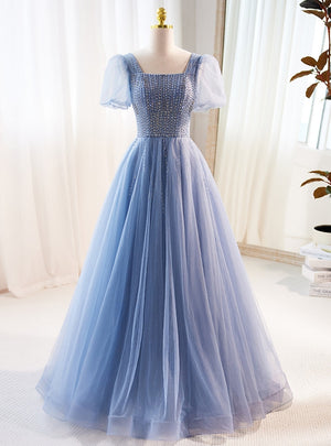 Blue Tulle Square Neck Beading Prom Dress