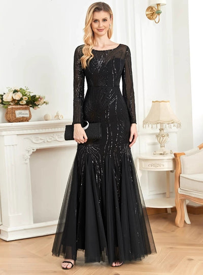 Black Long Sleeve Sequins Prom Dress