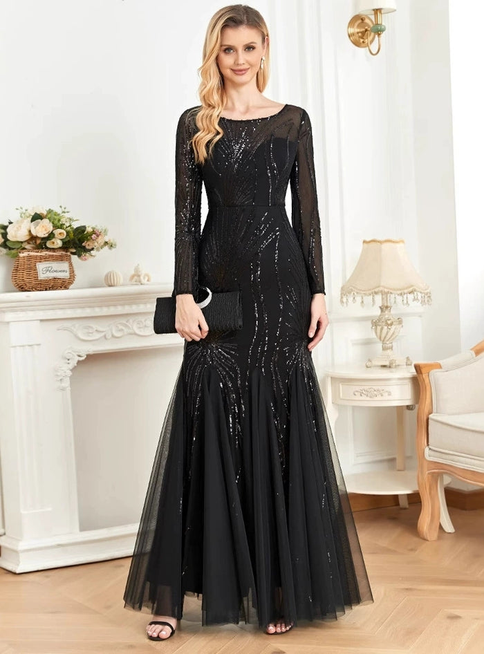 Black Long Sleeve Sequins Prom Dress