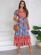 V-neck Lotus Leaf Sleeve Floral Print Long Dress