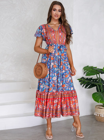 V-neck Lotus Leaf Sleeve Floral Print Long Dress