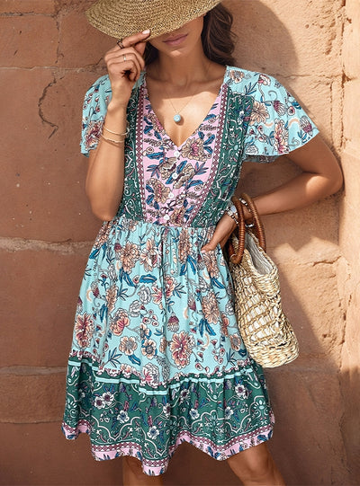 V-neck Print Bohemian Dress
