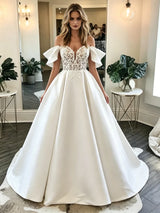 White Satin Lace Off the Shoulder Wedding Dress