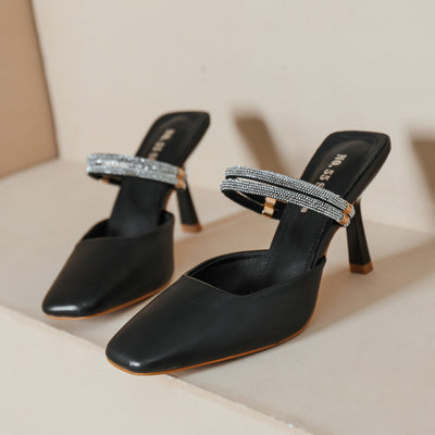 Square-headed Rhinestone Thin Heel Sandals