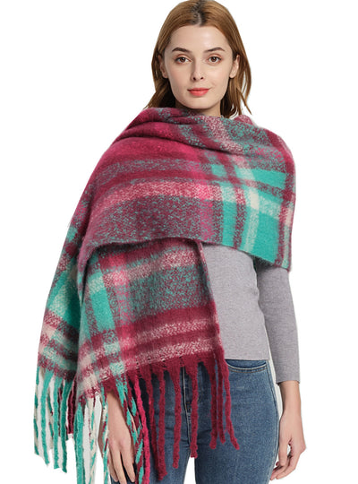 Women Plaid Fringed Scarf