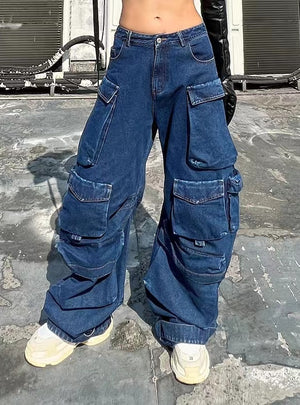 Wide Leg Stitching High Waist Pocket Jeans