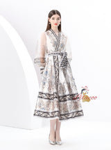 V-neck Lantern Sleeve Long Retro Print Dress
