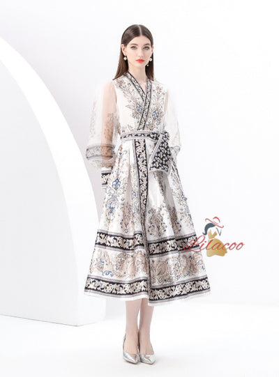 V-neck Lantern Sleeve Long Retro Print Dress