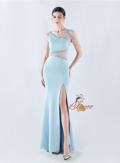 Scoop Neck Beading Split Prom Dress