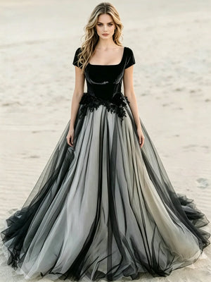 Black Tulle Square Neck Cap Sleeve Wedding Dress