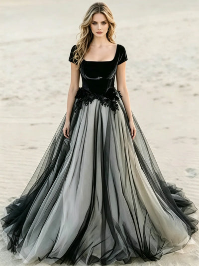 Black Tulle Square Neck Cap Sleeve Wedding Dress