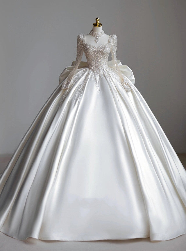 White Satin Long Sleeve Backless Beading Wedding Dress