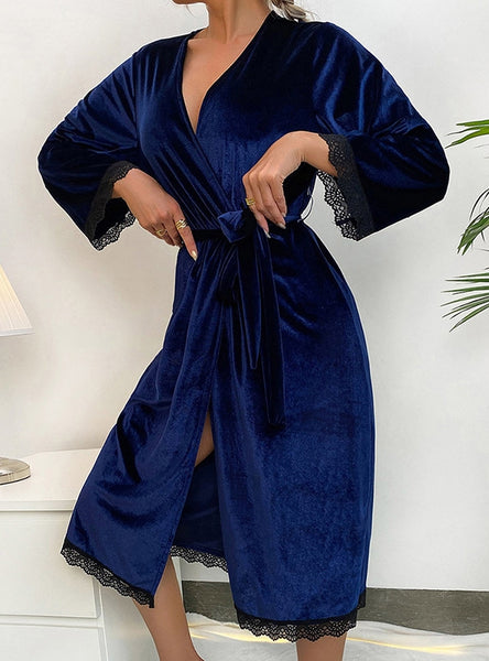 Velvet Lace Long Sleeve Blue Robe