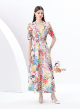 Short-sleeved V-neck Lace Floral Print Long Dress