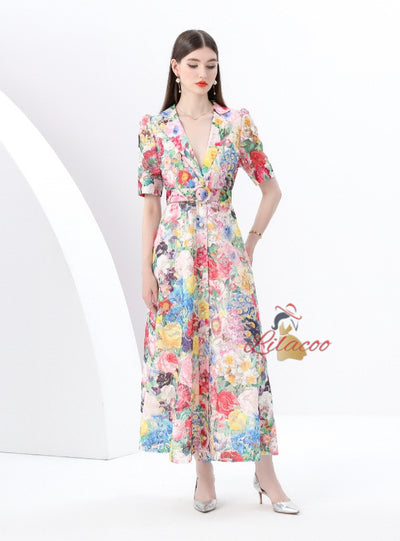 Short-sleeved V-neck Lace Floral Print Long Dress