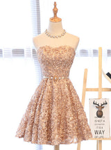 Champagne Lace Strapless Homecoming Dress