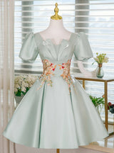 Green Puff Sleeve Appliques Homecoming Dress
