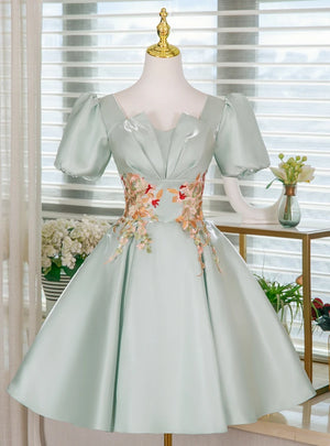 Green Puff Sleeve Appliques Homecoming Dress